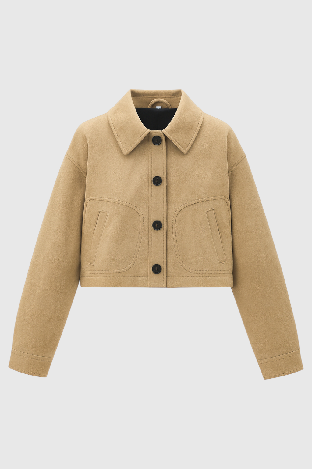 Cropped Suede-Effect Jacket | Button Front | Turn-Down Collar