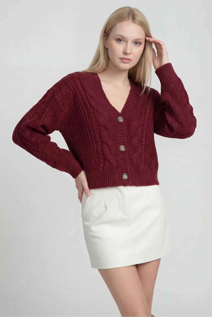 Maison Textured Cable Knit V-Neck Cardigan | Button Front | Relaxed Fit