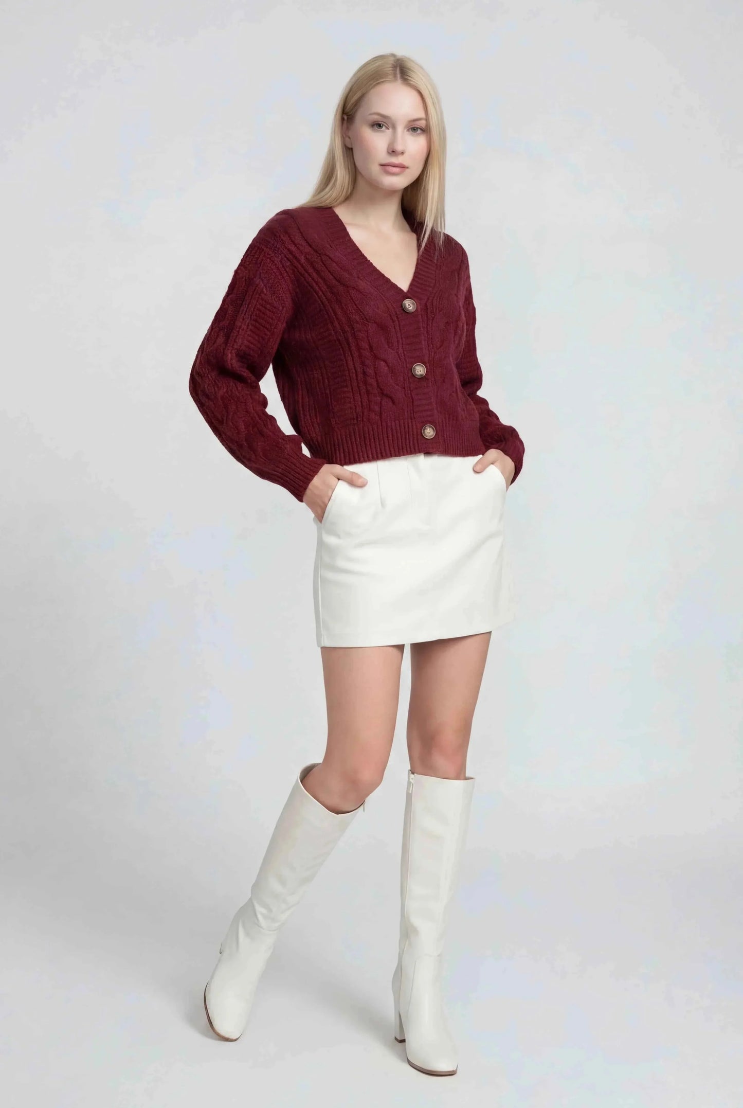 Maison Textured Cable Knit V-Neck Cardigan | Button Front | Relaxed Fit