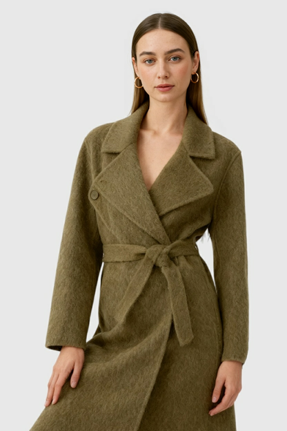 Long Belted Wrap Coat | Shawl Collar | A-Line Fit | Wool Blend