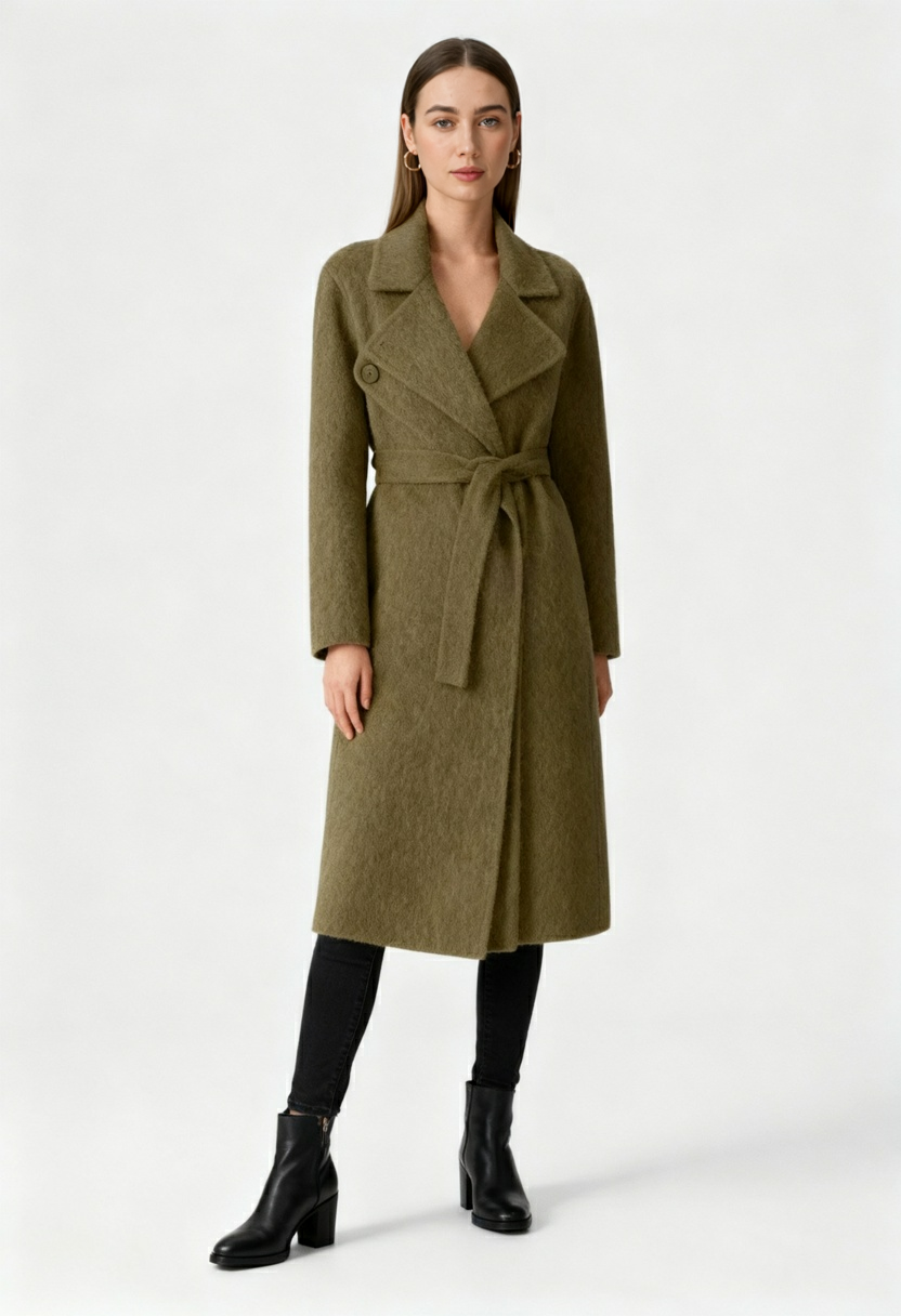 Long Belted Wrap Coat | Shawl Collar | A-Line Fit | Wool Blend