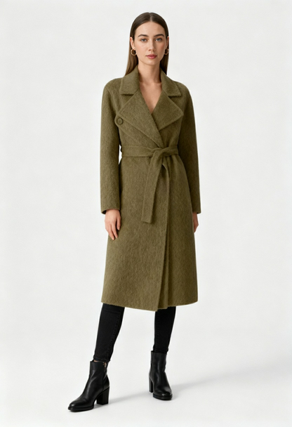 Long Belted Wrap Coat | Shawl Collar | A-Line Fit | Wool Blend