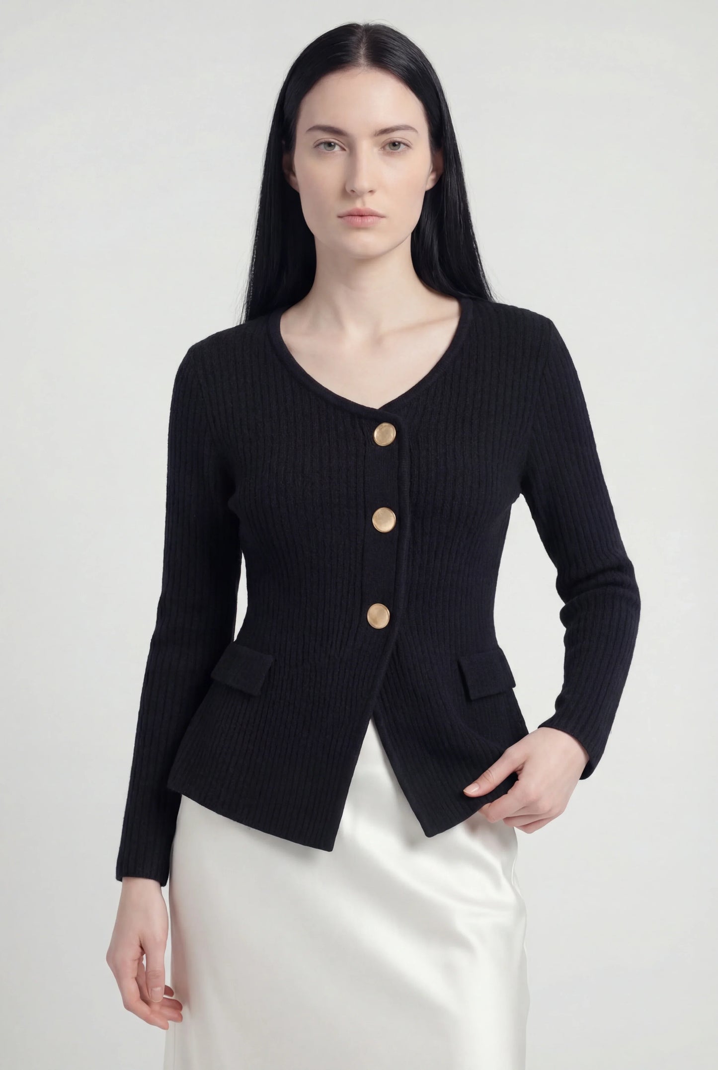 Maison Rib Knit Peplum Cardigan | V-Neck | Slim Fit | Statement Buttons