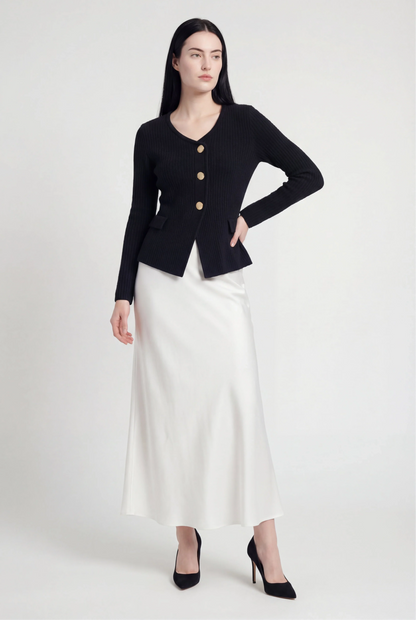 Maison Rib Knit Peplum Cardigan | V-Neck | Slim Fit | Statement Buttons