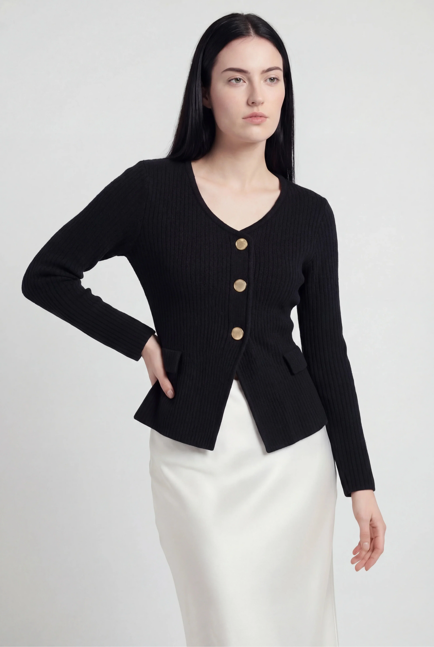 Maison Rib Knit Peplum Cardigan | V-Neck | Slim Fit | Statement Buttons