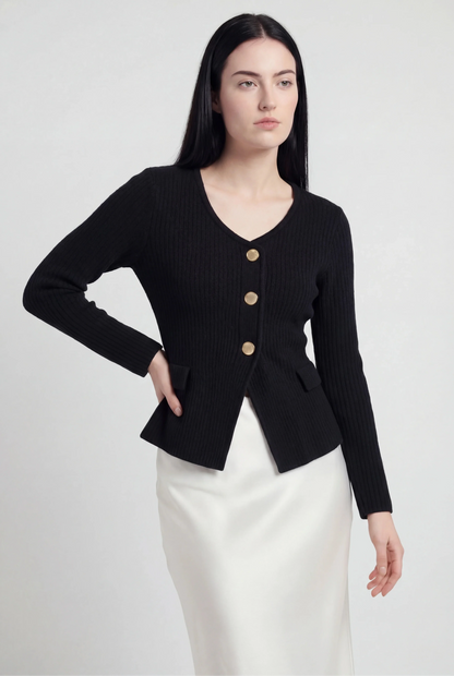 Maison Rib Knit Peplum Cardigan | V-Neck | Slim Fit | Statement Buttons