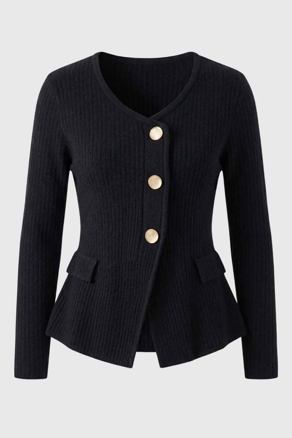 Maison Rib Knit Peplum Cardigan | V-Neck | Slim Fit | Statement Buttons