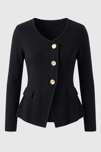 Maison Rib Knit Peplum Cardigan | V-Neck | Slim Fit | Statement Buttons