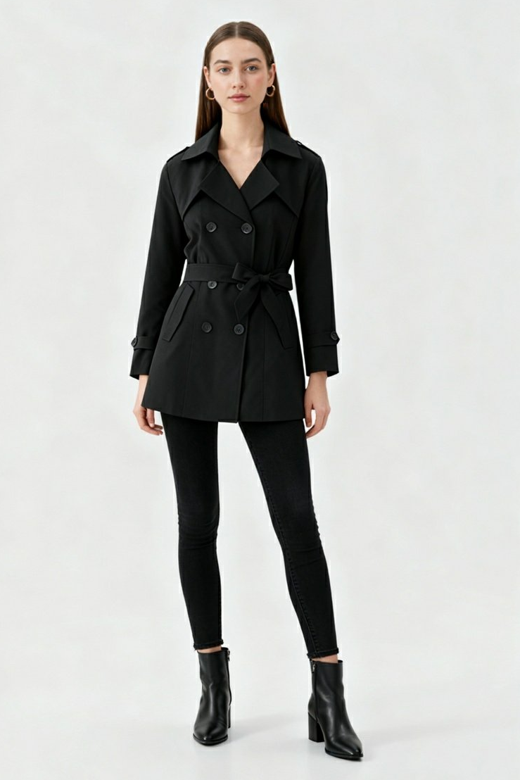 Mid Length Trench Coat | Belted Waist, Double Breasted Front, Slim Fit