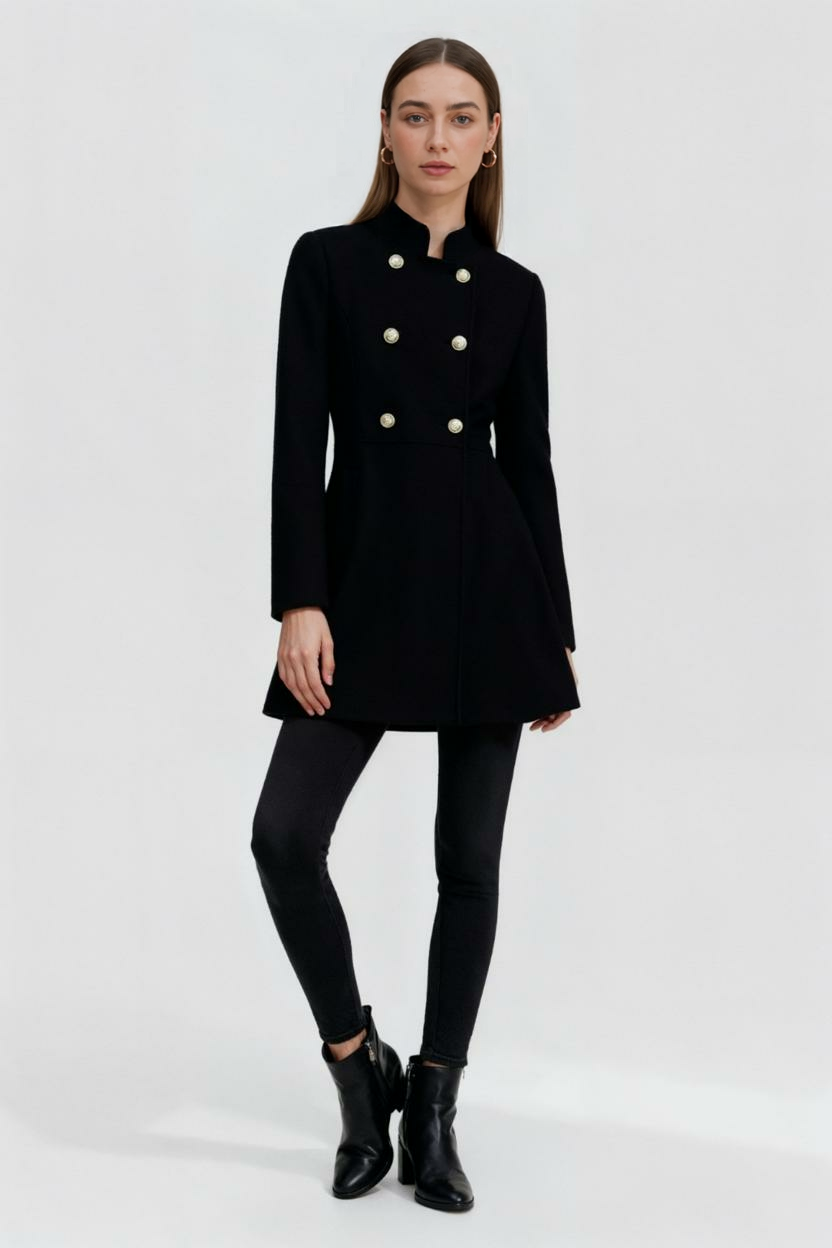 Double-Breasted Stand Collar Coat | Metal Buttons, Clean Waist, Long