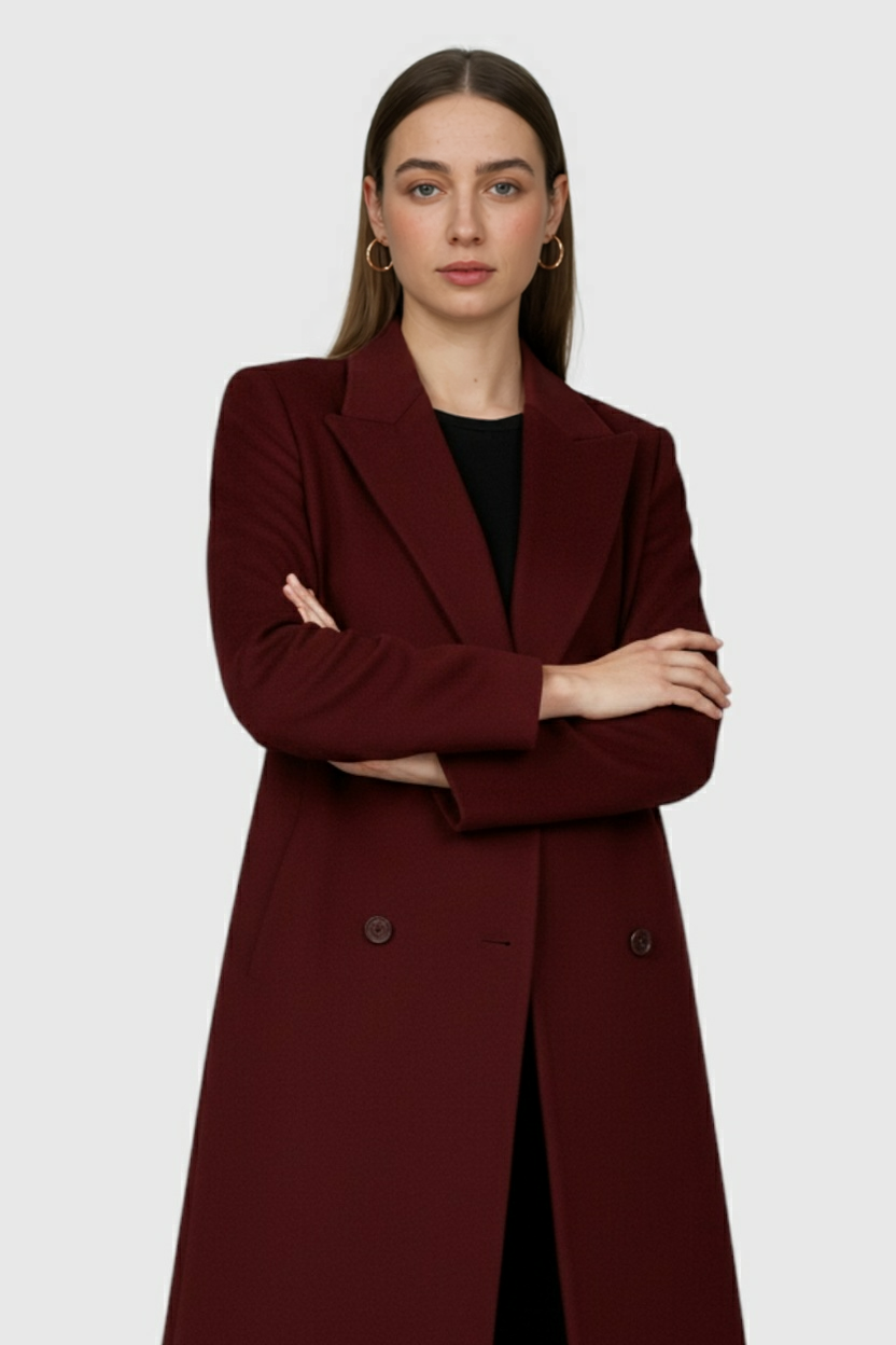Long Double-Breasted Overcoat | Turn-Down Collar | Three-Quarter Sleeve
