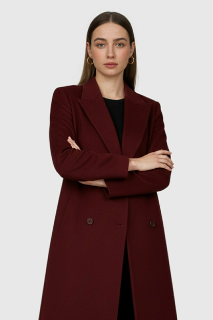 Long Double-Breasted Overcoat | Turn-Down Collar | Three-Quarter Sleeve