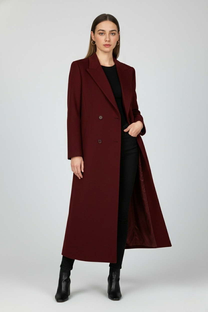 Long Double-Breasted Overcoat | Turn-Down Collar | Three-Quarter Sleeve