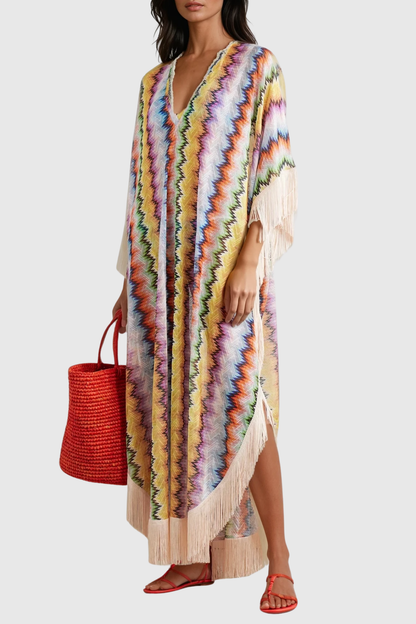 Chevron Knit Fringe Trim Kimono Sleeve Caftan Maxi Dress
