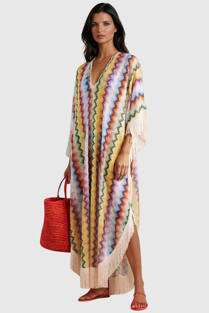 Chevron Knit Fringe Trim Kimono Sleeve Caftan Maxi Dress