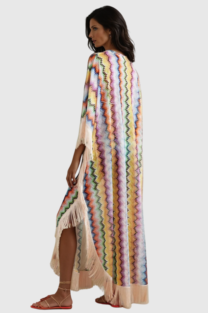 Chevron Knit Fringe Trim Kimono Sleeve Caftan Maxi Dress