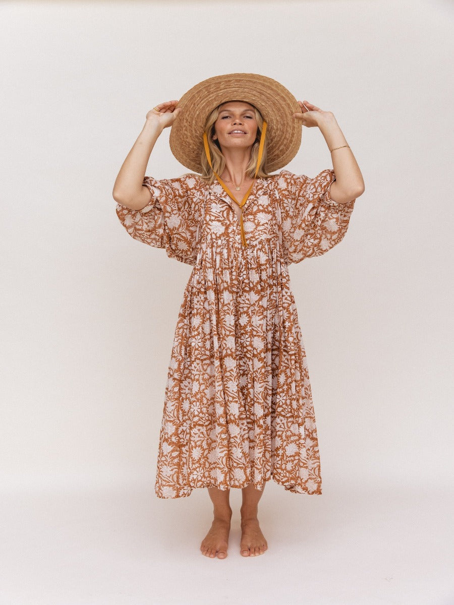 Botanical Block Print Tie-Neck Balloon Sleeve Empire Waist Midi Dress