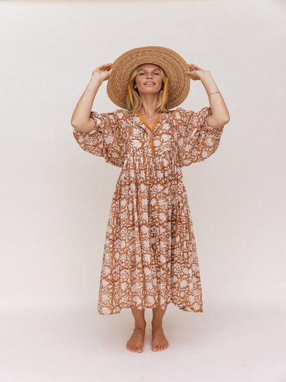 Botanical Block Print Tie-Neck Balloon Sleeve Empire Waist Midi Dress