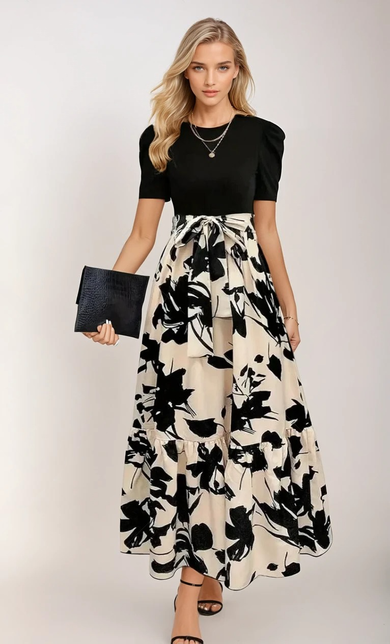 Puff Sleeve Crew Neck Abstract Floral Print Tie Waist Tiered Maxi Dress