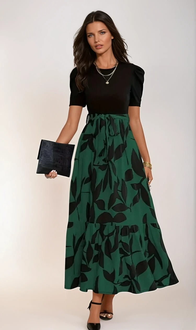 Puff Sleeve Crew Neck Abstract Floral Print Tie Waist Tiered Maxi Dress