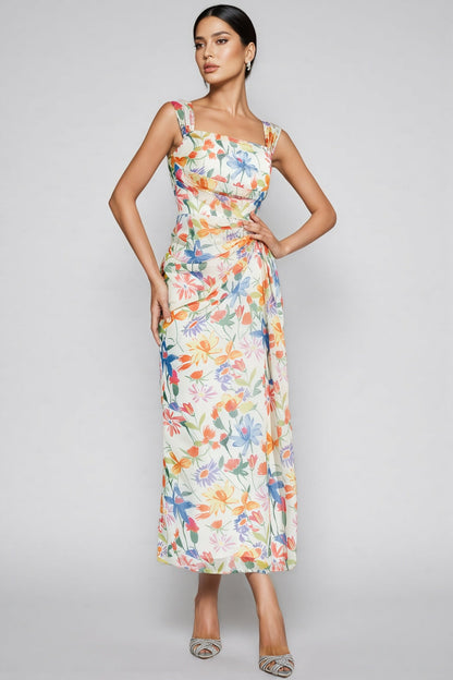 Mylel Orange Flower Waist-cinching Maxi Dress
