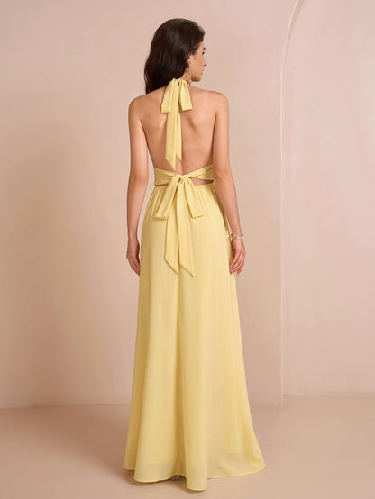 Deep V-Neck Halter Bow Tie Back Split Thigh Long Dress