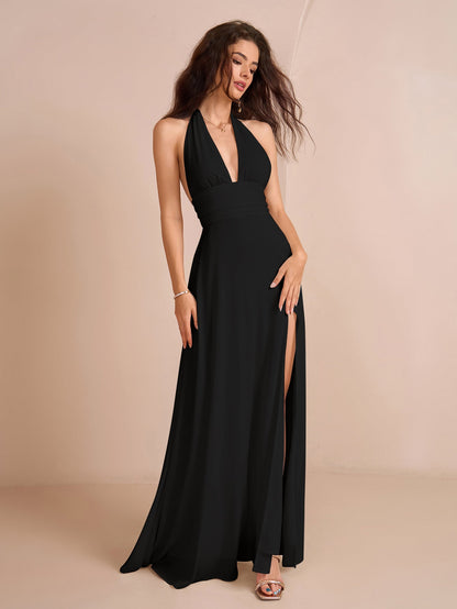 Deep V-Neck Halter Bow Tie Back Split Thigh Long Dress