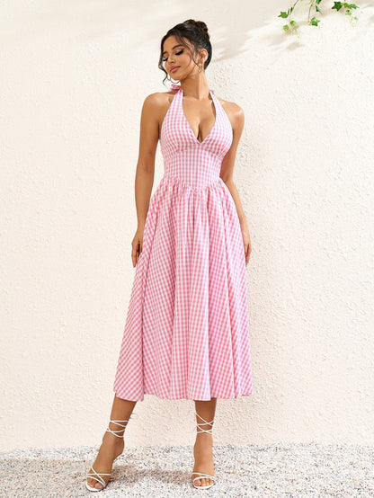 Deep V-Neck Halter Plaid Print Dress