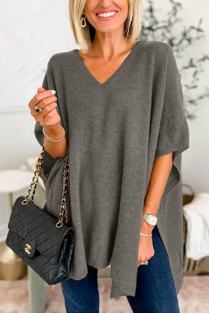 Chicest V Neck Loose Fit Solid Poncho Sweater