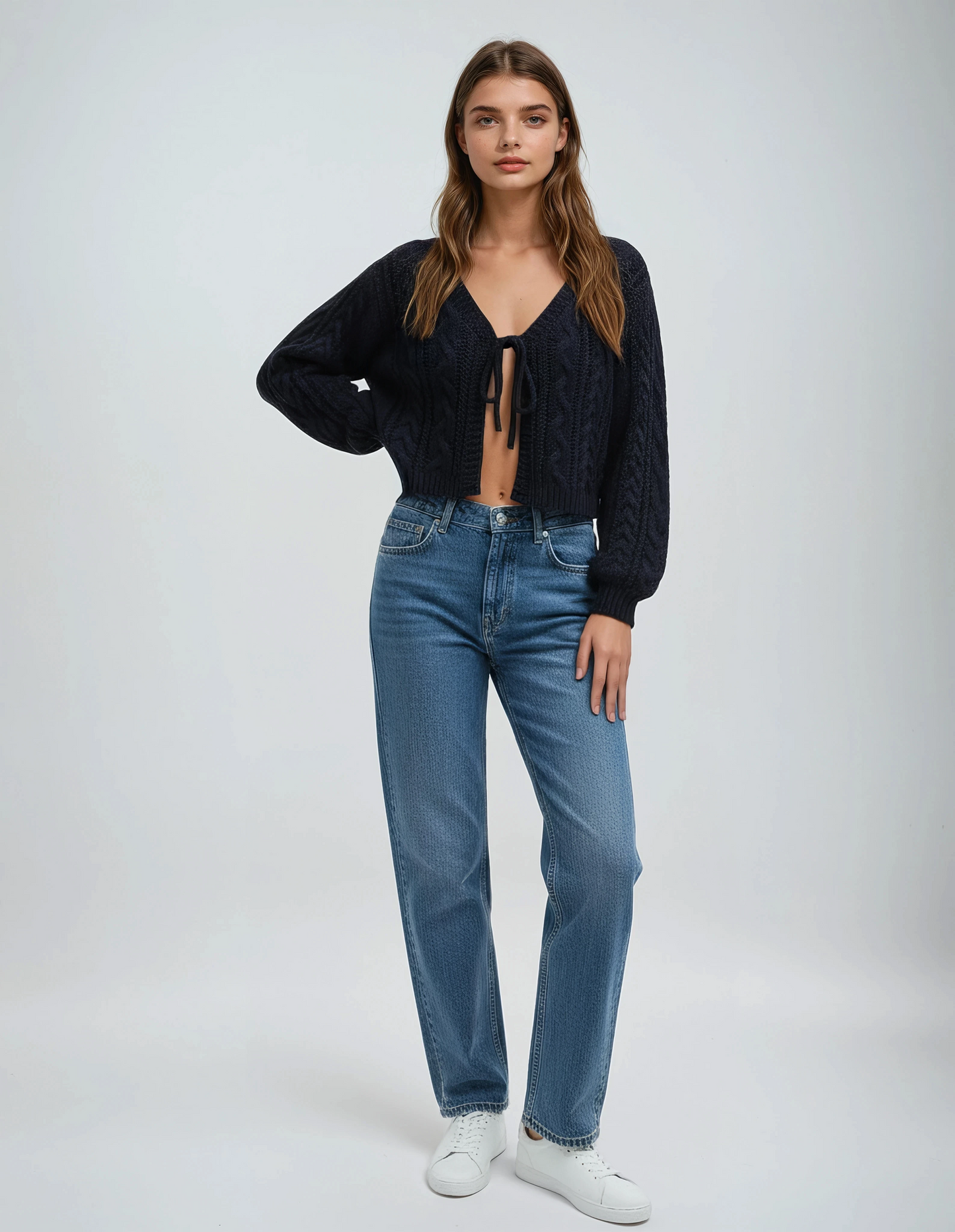 Deep V-neck Navy Blue Cardigan