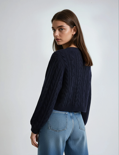 Deep V-neck Navy Blue Cardigan