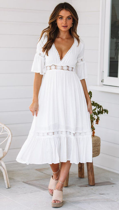 Deep V Plunge Plunge Lace Stitching Dress for