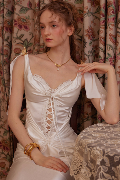 Lace-Up Corset Sweetheart Neck Ruched Satin Midi Dress
