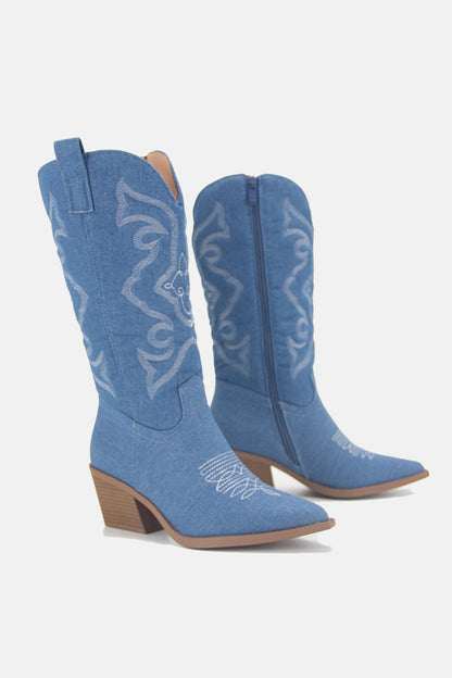 Pointed-toe Mid-calf Chunky Heel Cowboy Boots