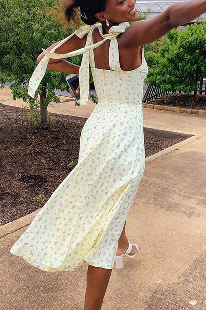 Ditsy Floral Tie-Shoulder Sweetheart Ruched Bust Side Slit Maxi Dress