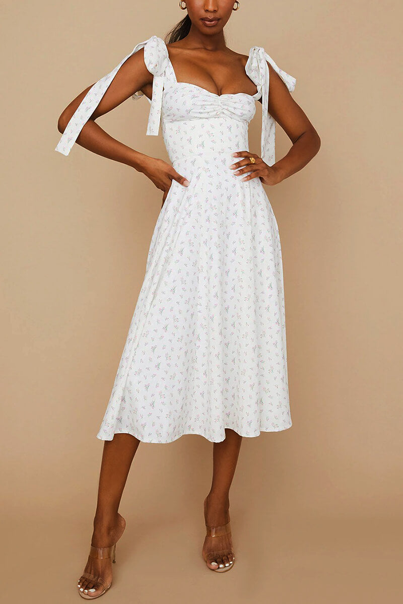 Ditsy Floral Tie-Shoulder Sweetheart Ruched Bust Side Slit Maxi Dress