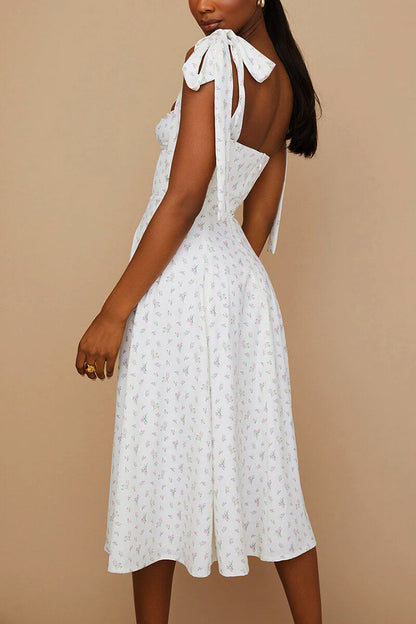 Ditsy Floral Tie-Shoulder Sweetheart Ruched Bust Side Slit Maxi Dress