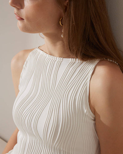 Women's White Ribbed Sleeveless Dress – Elegant Pearl Strap Midi