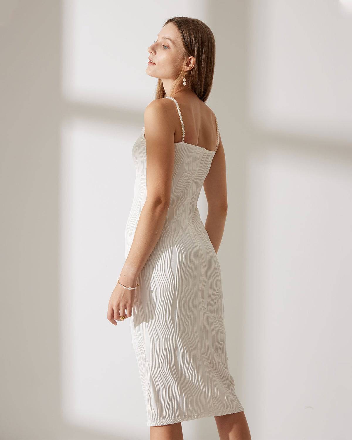 Women's White Ribbed Sleeveless Dress – Elegant Pearl Strap Midi