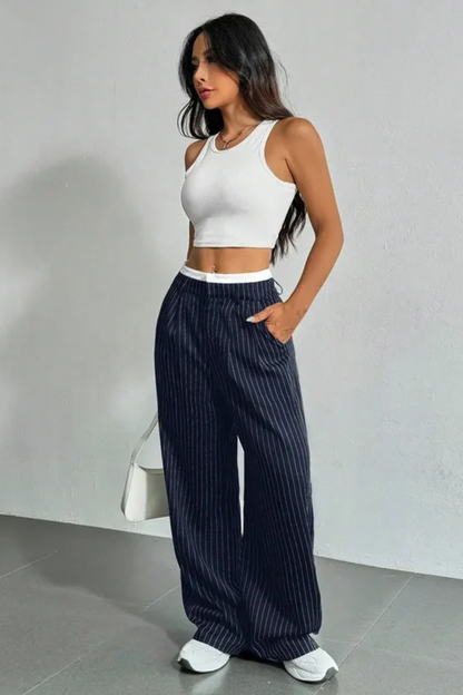 Striped Pockets Wide Leg Pants