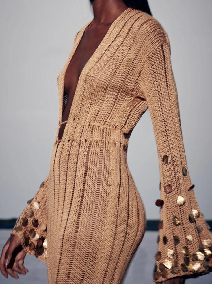 Deep V-Neck Open Knit Bell Sleeve Sequin Trim Maxi Dress