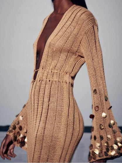 Deep V-Neck Open Knit Bell Sleeve Sequin Trim Maxi Dress