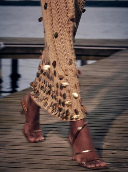 Deep V-Neck Open Knit Bell Sleeve Sequin Trim Maxi Dress