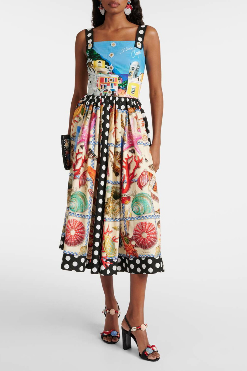 Polka Dot Strap Nautical Shell Print Panel Midi Dress