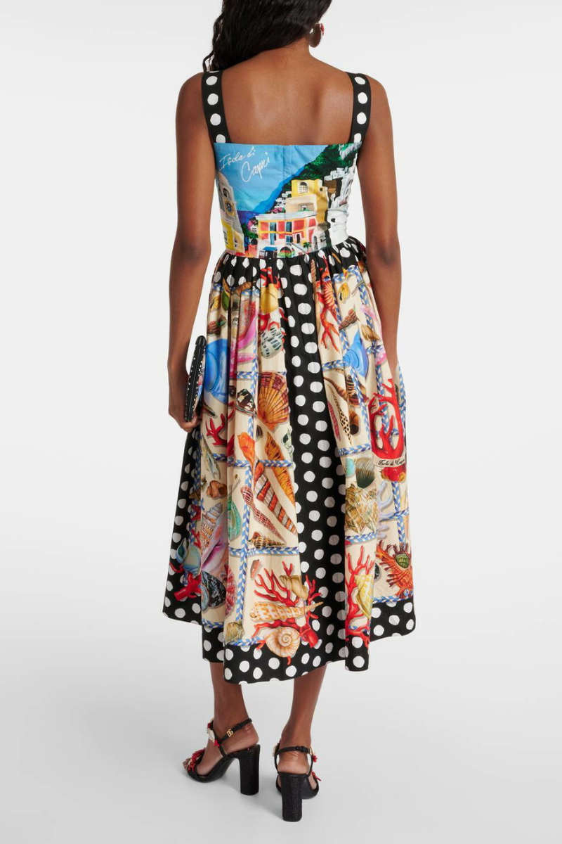 Polka Dot Strap Nautical Shell Print Panel Midi Dress