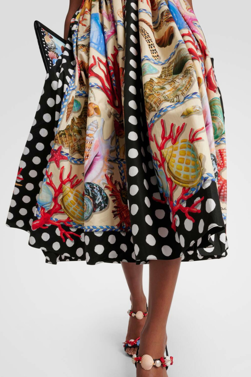 Polka Dot Strap Nautical Shell Print Panel Midi Dress