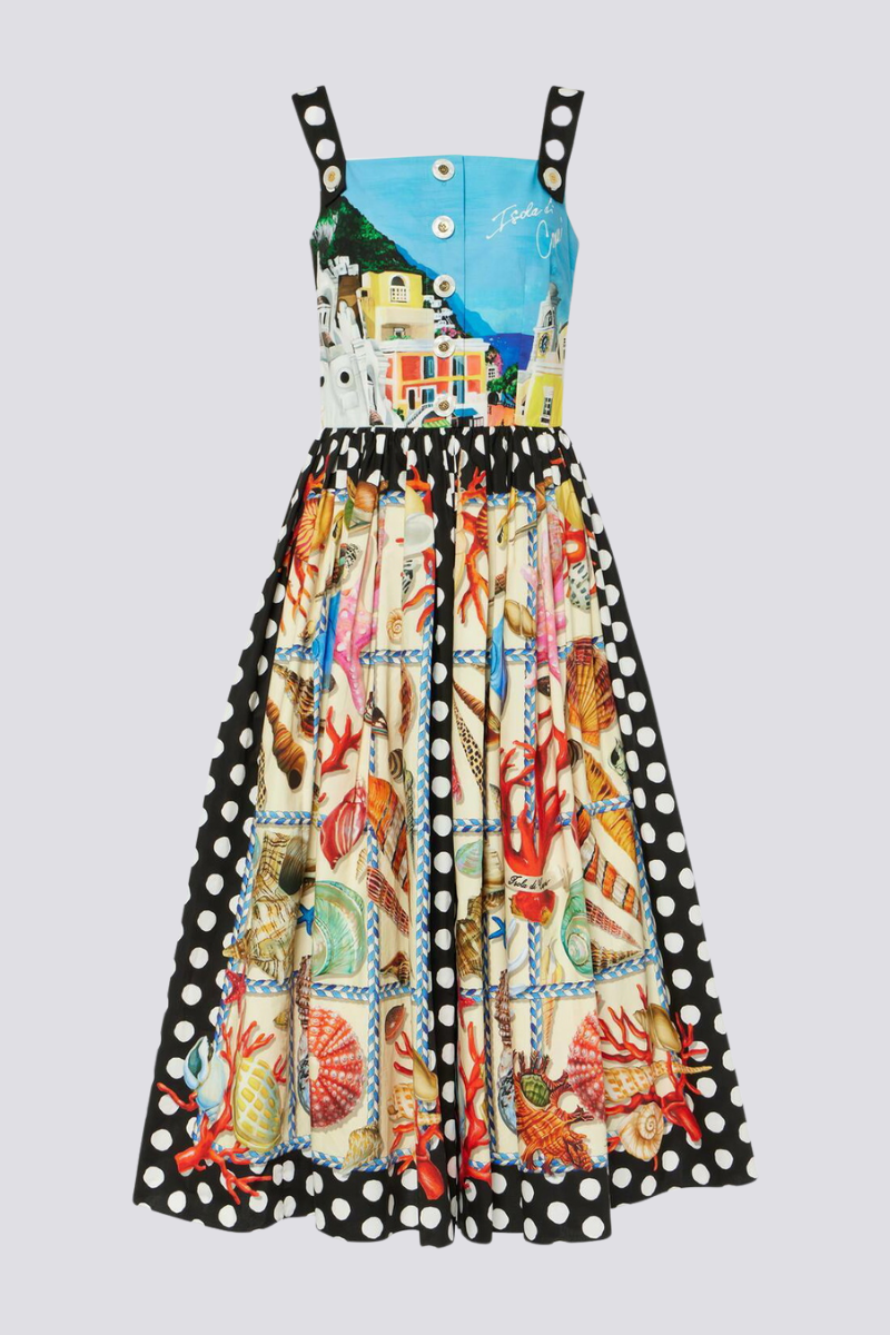 Polka Dot Strap Nautical Shell Print Panel Midi Dress