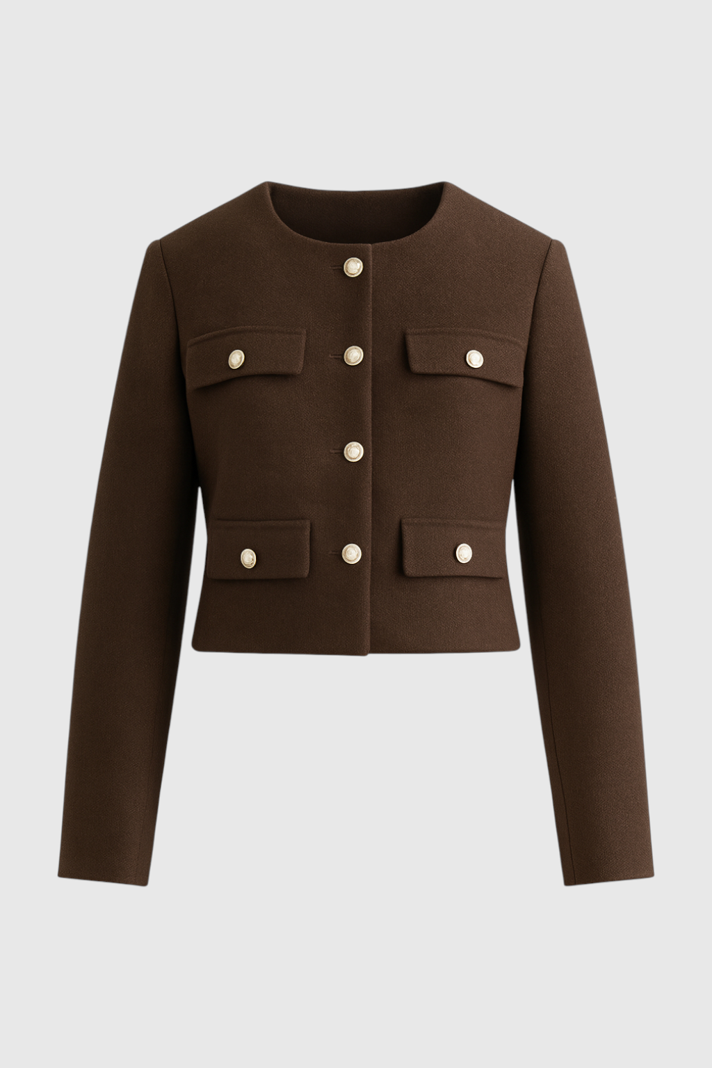 Cropped Button Jacket | Round Neck, Pocket Flaps, Regular Fit