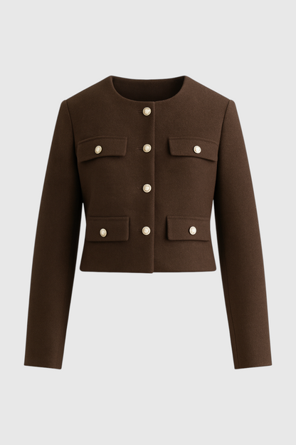 Cropped Button Jacket | Round Neck, Pocket Flaps, Regular Fit