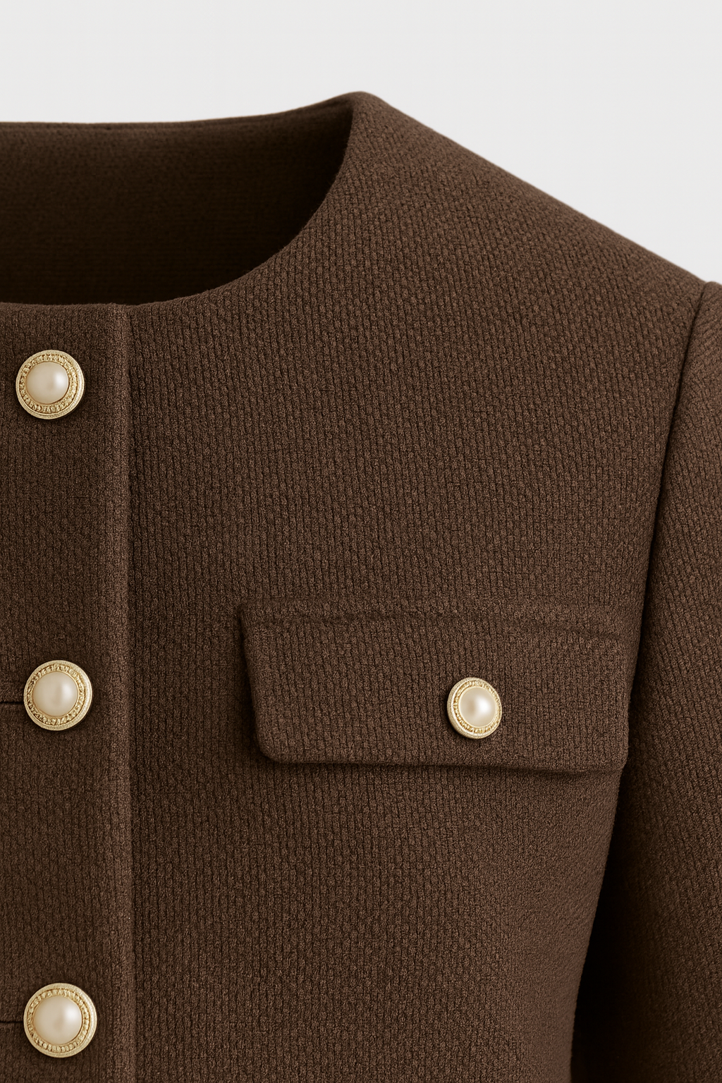 Cropped Button Jacket | Round Neck, Pocket Flaps, Regular Fit